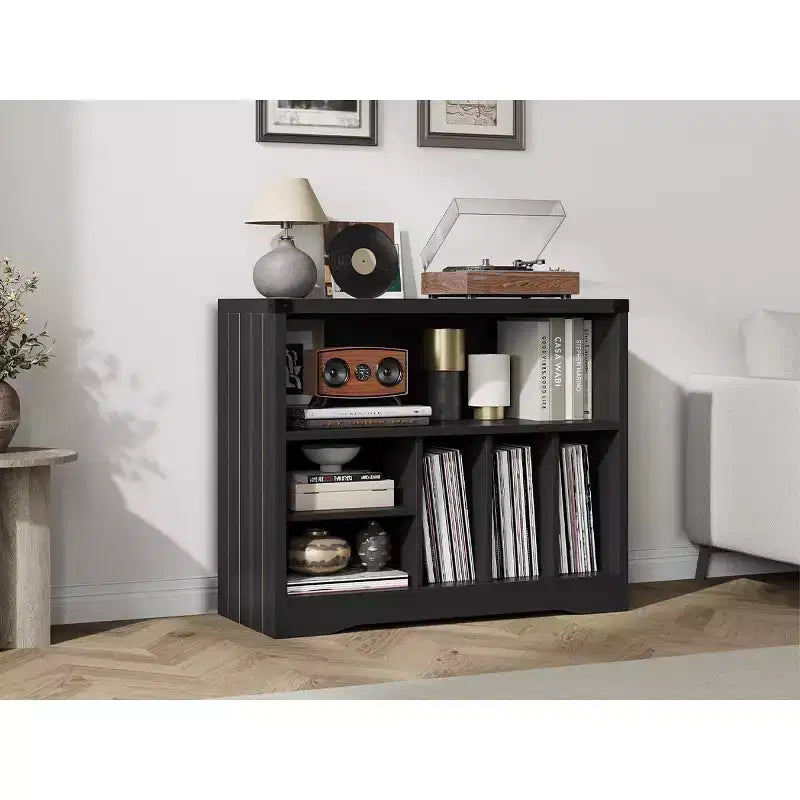 Meuble tourne-disque moderne, table platine vinyle avec 6 compartiments de rangement pour vinyles, étagère de rangement multimédia en bois pour salon