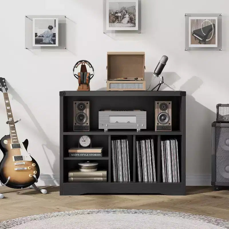 Meuble tourne-disque moderne, table platine vinyle avec 6 compartiments de rangement pour vinyles, étagère de rangement multimédia en bois pour salon