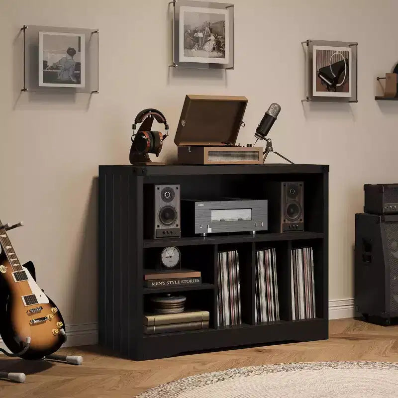 Meuble tourne-disque moderne, table platine vinyle avec 6 compartiments de rangement pour vinyles, étagère de rangement multimédia en bois pour salon