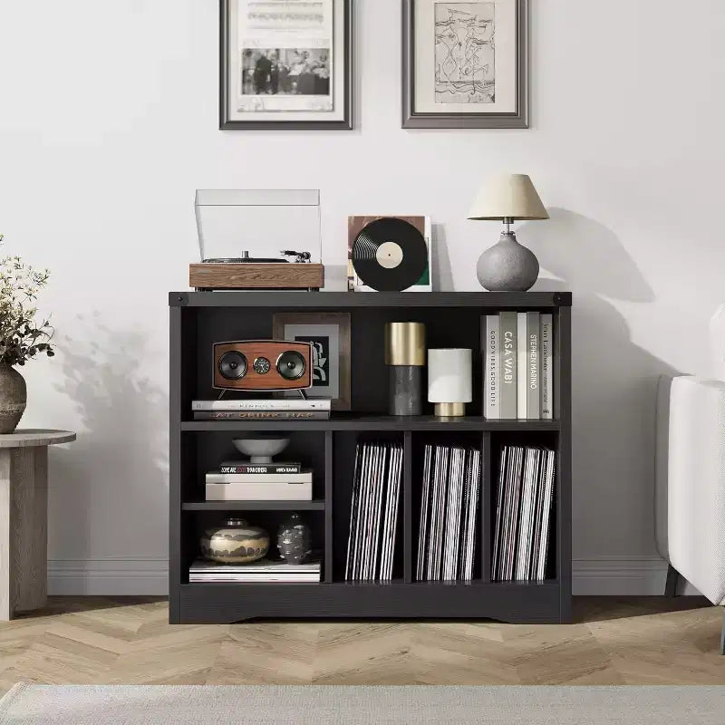 Meuble tourne-disque moderne, table platine vinyle avec 6 compartiments de rangement pour vinyles, étagère de rangement multimédia en bois pour salon