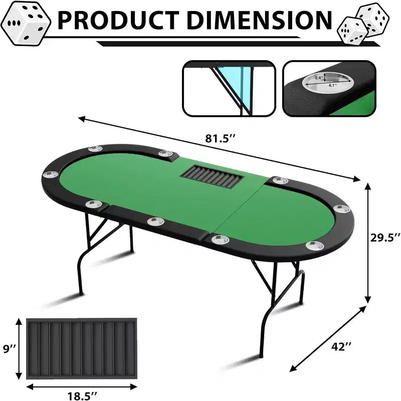 Table de poker pliable 9 joueurs, table de jeu de cartes avec porte-gobelets en acier inoxydable, tapis de qualité casino, tables de poker ovales portables