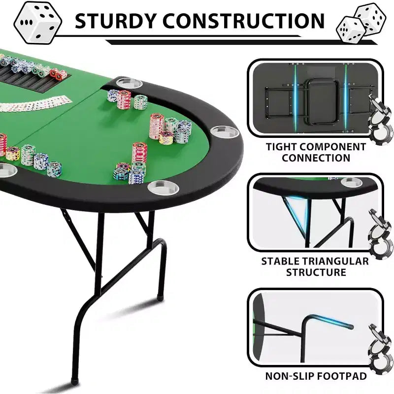 Table de poker pliable 9 joueurs, table de jeu de cartes avec porte-gobelets en acier inoxydable, tapis de qualité casino, tables de poker ovales portables
