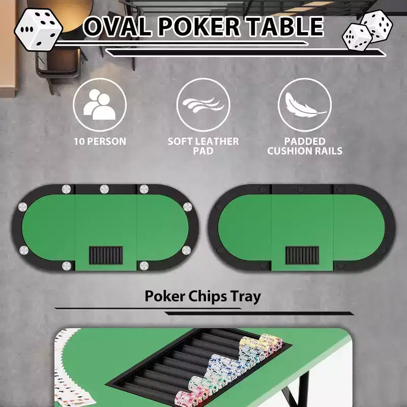 Table de poker pliable 9 joueurs, table de jeu de cartes avec porte-gobelets en acier inoxydable, tapis de qualité casino, tables de poker ovales portables