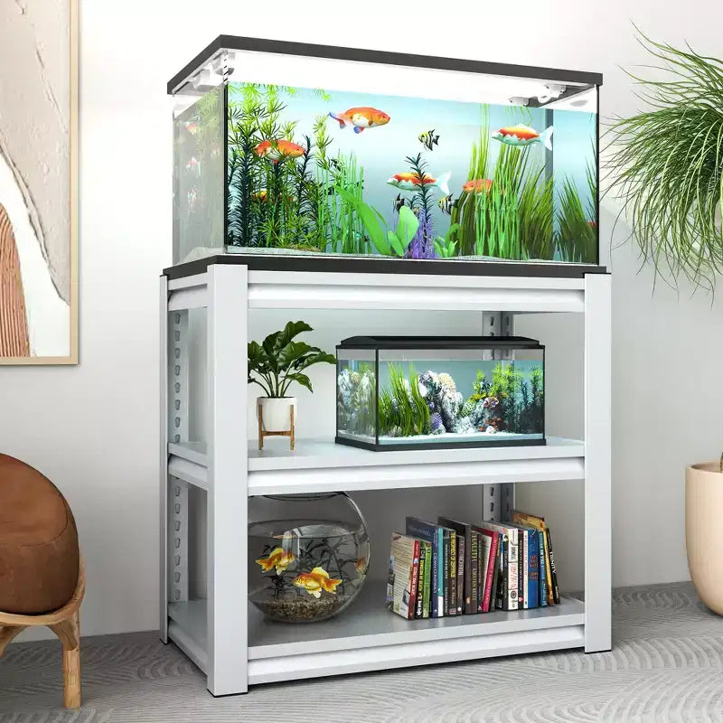 Support de bac à poissons réglable à 3 niveaux VIYET 31 - Support d'aquarium en métal robuste de 181 kg pour aquariums de 75 à 114 litres, blanc antique avec patins de protection de sol