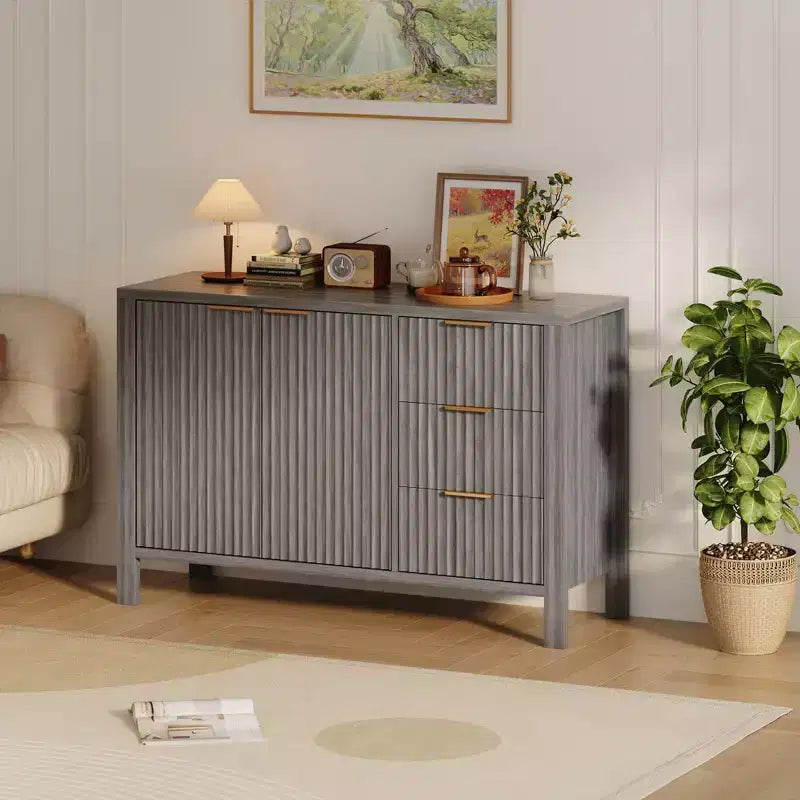 46.5 Modern Fluted Kitchen Sideboard Cabinet with 2 Doors & Drawers C Grey Buffet Storage Cabinet for Dining Room, Living Room & Kitchen