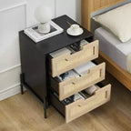 Rattan Nightstand with 3 Drawers, Farmhouse End Table & Dresser Cabinet with Metal Legs, Organizer for Living Room, Bedroom, Hallway