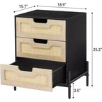Table de chevet en rotin avec 3 tiroirs, Table d'appoint et commode de style ferme avec pieds en métal, Organiseur pour salon, chambre, couloir