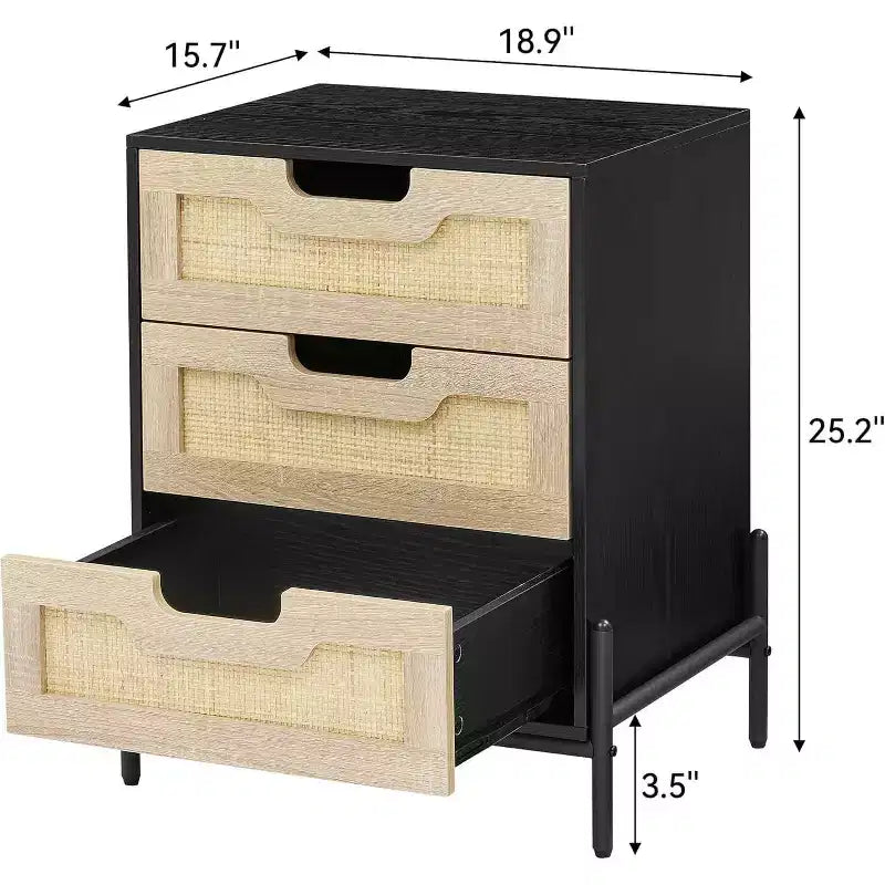 Table de chevet en rotin avec 3 tiroirs, Table d'appoint et commode de style ferme avec pieds en métal, Organiseur pour salon, chambre, couloir
