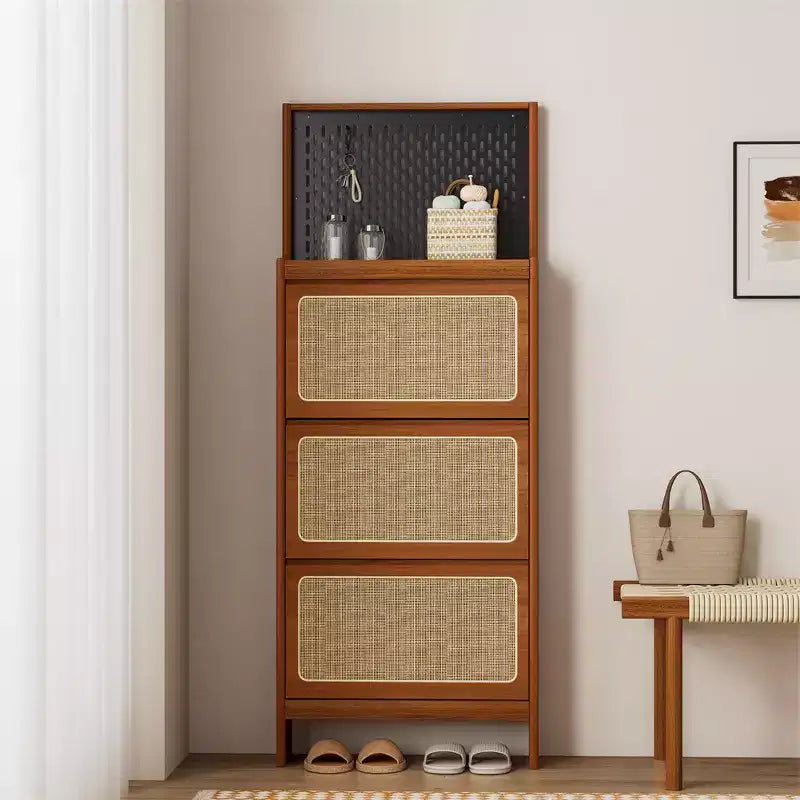 Modern Rattan Shoe Cabinet with 3 Flip Drawers, Walnut Wood Free Standing Shoe Rack with Pegboard for Entryway, Hallway, Living Room