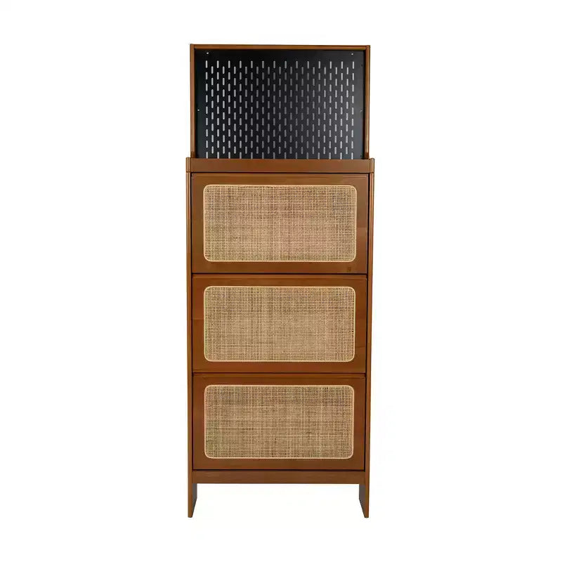 Meuble à chaussures moderne en rotin avec 3 tiroirs basculants, étagère à chaussures autoportante en bois de noyer avec panneau perforé pour entrée, couloir, salon