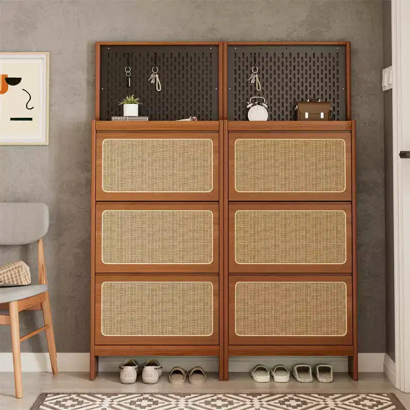 Meuble à chaussures moderne en rotin avec 3 tiroirs basculants, étagère à chaussures autoportante en bois de noyer avec panneau perforé pour entrée, couloir, salon