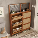 Meuble à chaussures moderne en rotin avec 3 tiroirs basculants, étagère à chaussures autoportante en bois de noyer avec panneau perforé pour entrée, couloir, salon