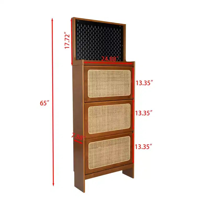 Meuble à chaussures moderne en rotin avec 3 tiroirs basculants, étagère à chaussures autoportante en bois de noyer avec panneau perforé pour entrée, couloir, salon