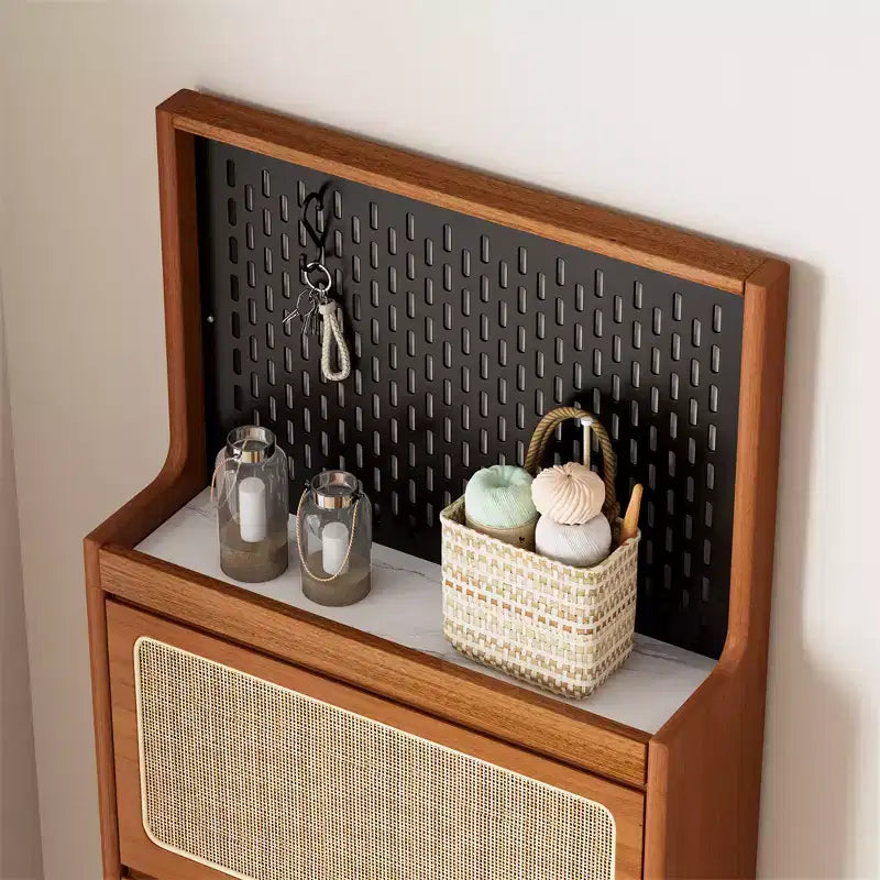 Meuble à chaussures moderne en rotin avec 3 tiroirs basculants, étagère à chaussures autoportante en bois de noyer avec panneau perforé pour entrée, couloir, salon
