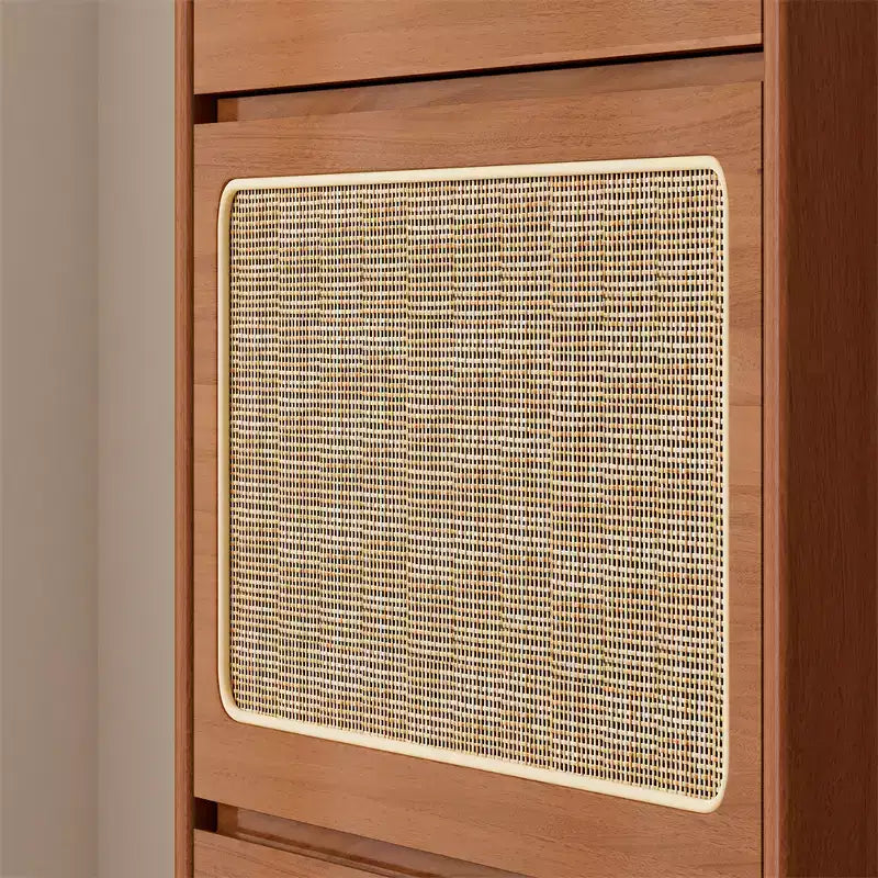 Meuble à chaussures moderne en rotin avec 3 tiroirs basculants, étagère à chaussures autoportante en bois de noyer avec panneau perforé pour entrée, couloir, salon