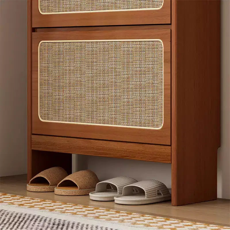 Meuble à chaussures moderne en rotin avec 3 tiroirs basculants, étagère à chaussures autoportante en bois de noyer avec panneau perforé pour entrée, couloir, salon