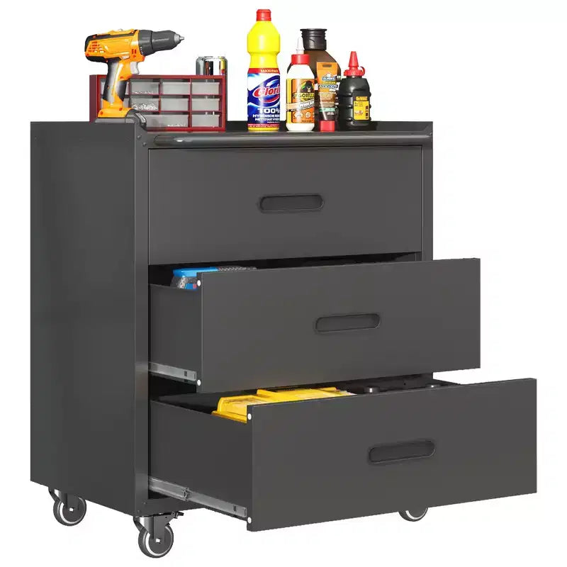 VIYET 35H Meuble de Rangement en Acier Robuste à 3 Tiroirs avec Roues Verrouillables, Capacité 90 kg pour Garage/Bureau/Maison (Noir)