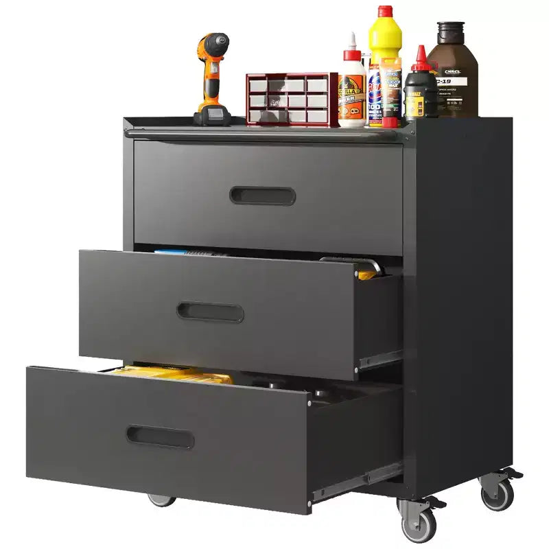 VIYET 35H Meuble de Rangement en Acier Robuste à 3 Tiroirs avec Roues Verrouillables, Capacité 90 kg pour Garage/Bureau/Maison (Noir)