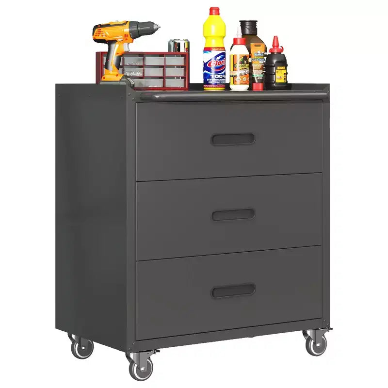VIYET 35H Meuble de Rangement en Acier Robuste à 3 Tiroirs avec Roues Verrouillables, Capacité 90 kg pour Garage/Bureau/Maison (Noir)