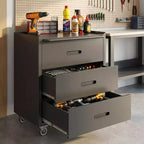 VIYET 35H Meuble de Rangement en Acier Robuste à 3 Tiroirs avec Roues Verrouillables, Capacité 90 kg pour Garage/Bureau/Maison (Noir)