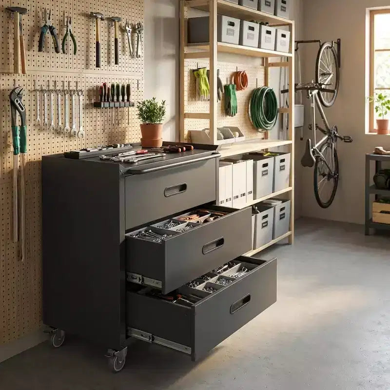 VIYET 35H Meuble de Rangement en Acier Robuste à 3 Tiroirs avec Roues Verrouillables, Capacité 90 kg pour Garage/Bureau/Maison (Noir)