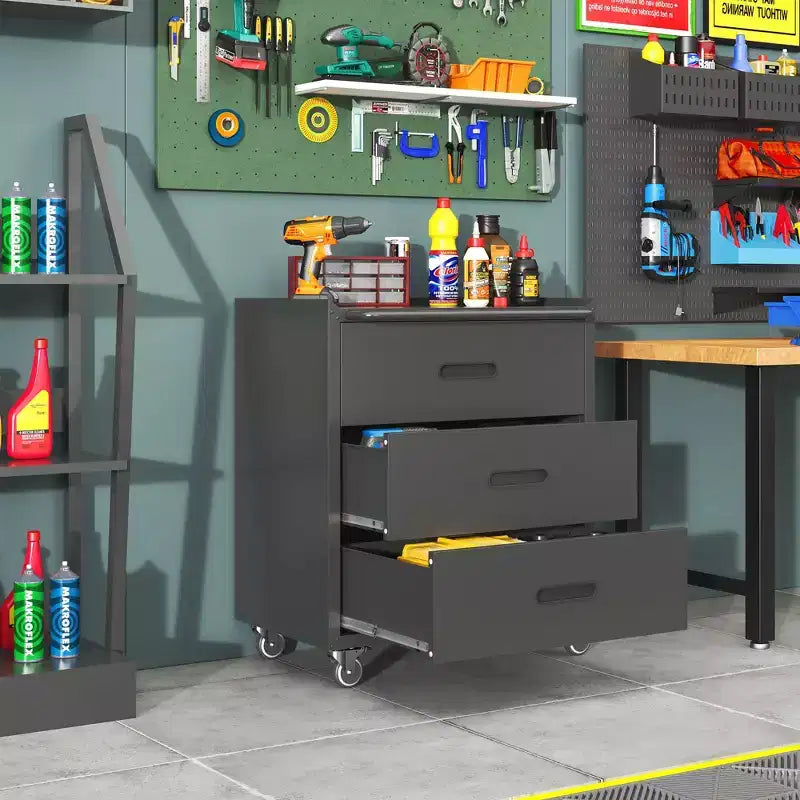 VIYET 35H Meuble de Rangement en Acier Robuste à 3 Tiroirs avec Roues Verrouillables, Capacité 90 kg pour Garage/Bureau/Maison (Noir)