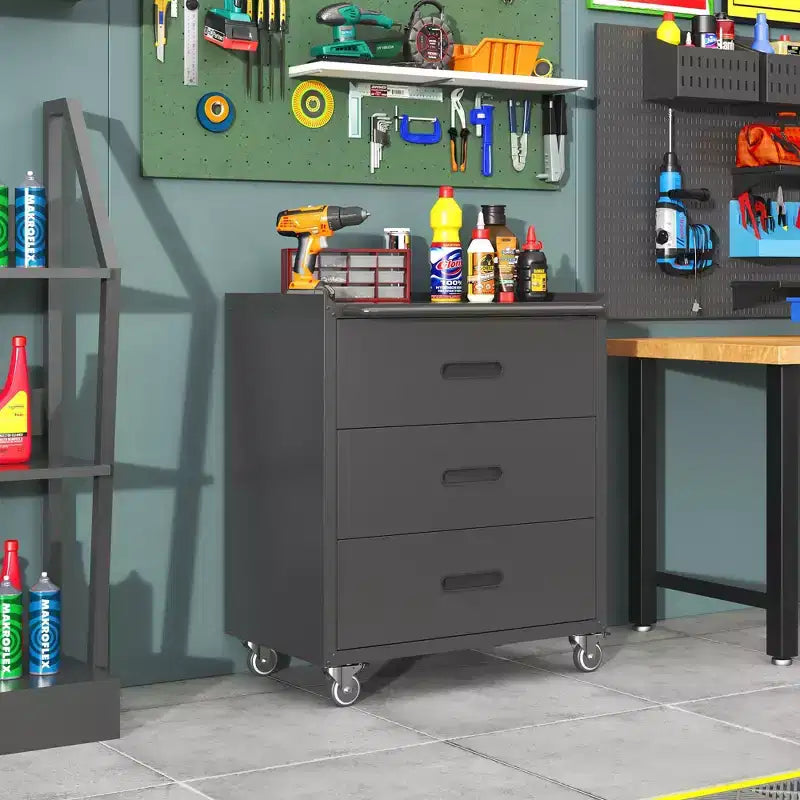 VIYET 35H Meuble de Rangement en Acier Robuste à 3 Tiroirs avec Roues Verrouillables, Capacité 90 kg pour Garage/Bureau/Maison (Noir)