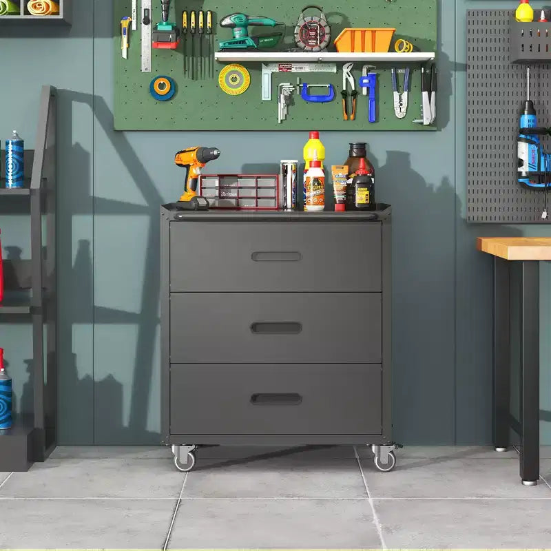 VIYET 35H Meuble de Rangement en Acier Robuste à 3 Tiroirs avec Roues Verrouillables, Capacité 90 kg pour Garage/Bureau/Maison (Noir)