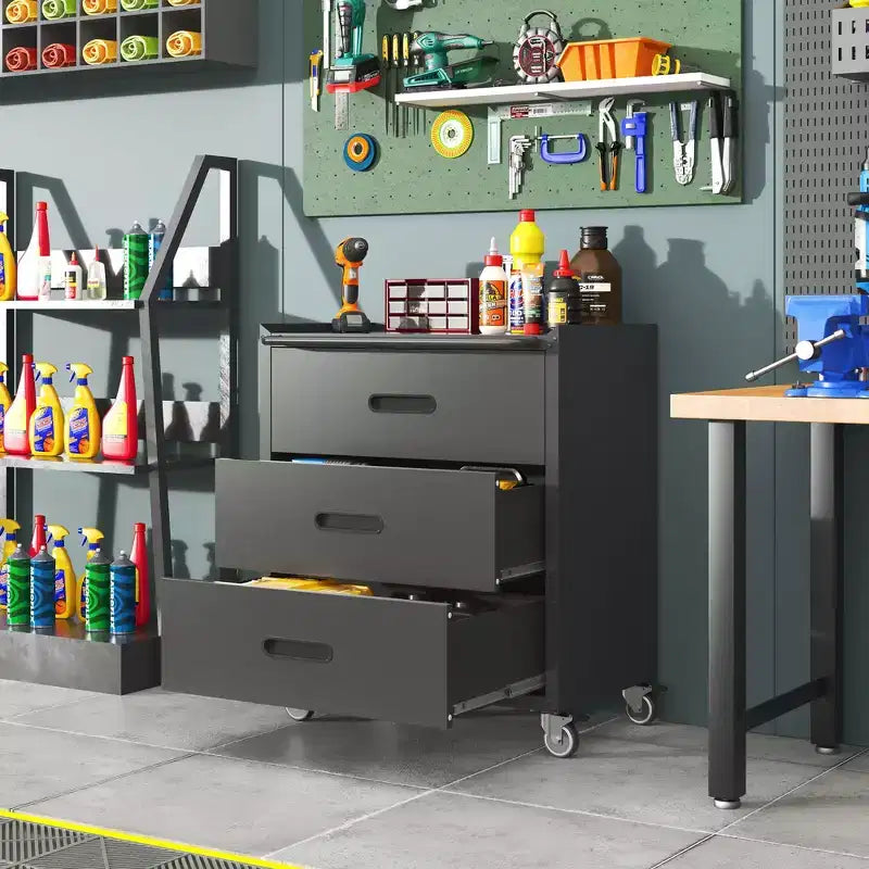 VIYET 35H Meuble de Rangement en Acier Robuste à 3 Tiroirs avec Roues Verrouillables, Capacité 90 kg pour Garage/Bureau/Maison (Noir)