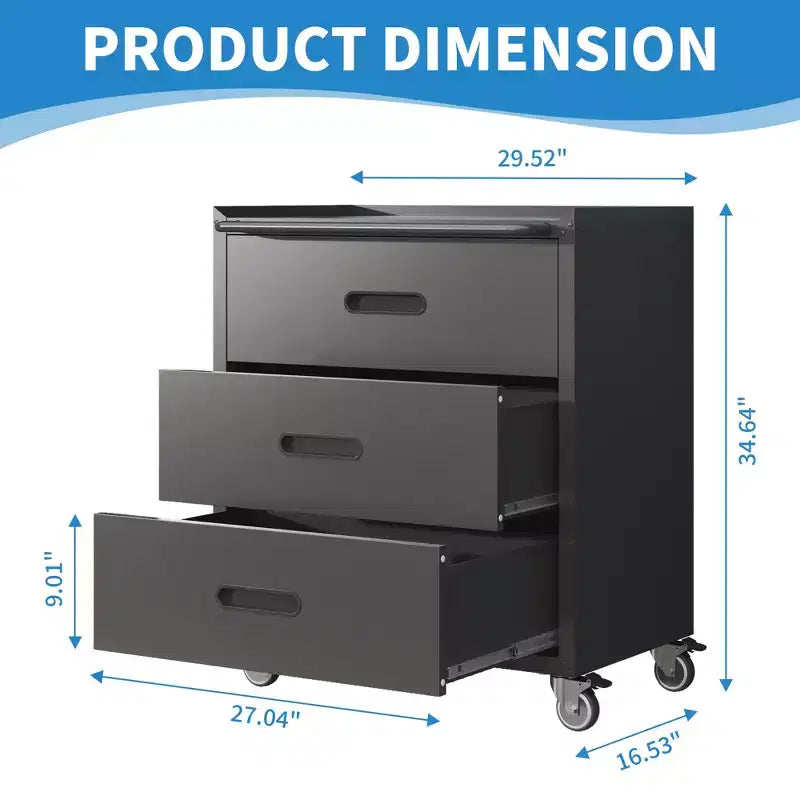 VIYET 35H Meuble de Rangement en Acier Robuste à 3 Tiroirs avec Roues Verrouillables, Capacité 90 kg pour Garage/Bureau/Maison (Noir)