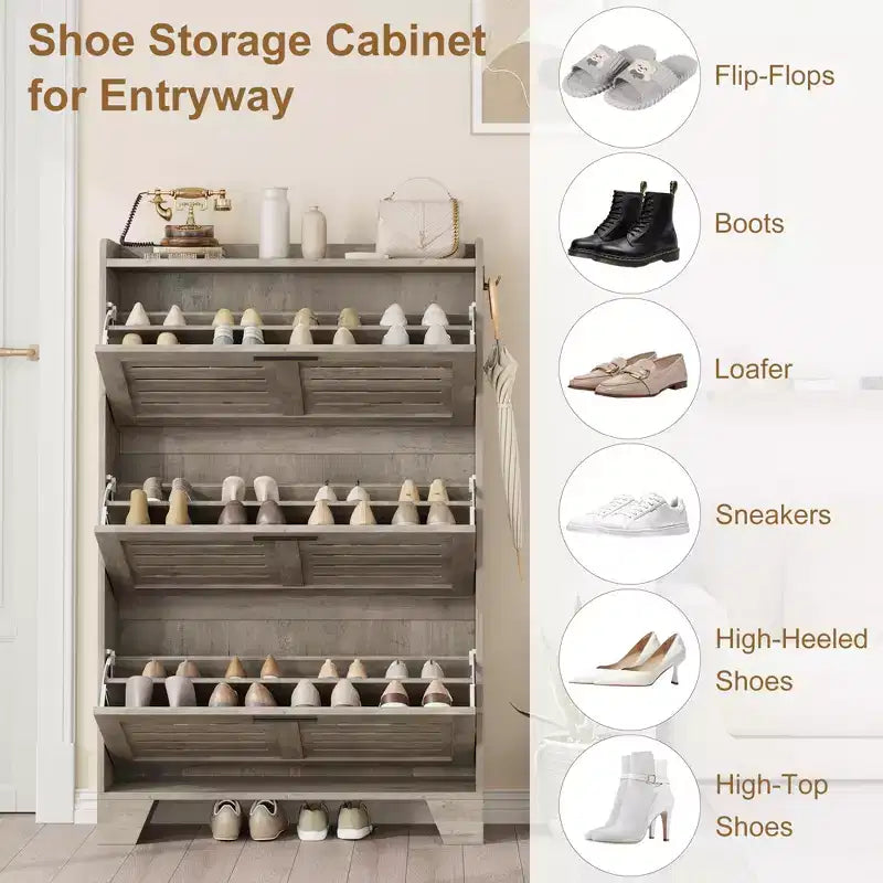 Meuble à chaussures, étagère à chaussures autoportante avec trois tiroirs à abattant et 2 crochets latéraux, meuble à chaussures moderne en bois, convient pour le rangement de chaussures dans l'entrée