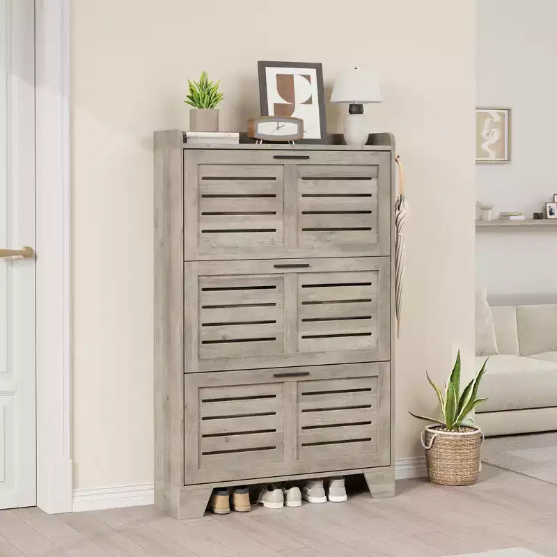 Meuble à chaussures, étagère à chaussures autoportante avec trois tiroirs à abattant et 2 crochets latéraux, meuble à chaussures moderne en bois, convient pour le rangement de chaussures dans l'entrée