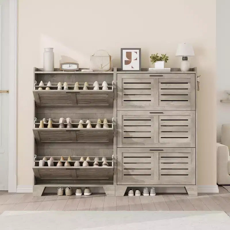 Meuble à chaussures, étagère à chaussures autoportante avec trois tiroirs à abattant et 2 crochets latéraux, meuble à chaussures moderne en bois, convient pour le rangement de chaussures dans l'entrée
