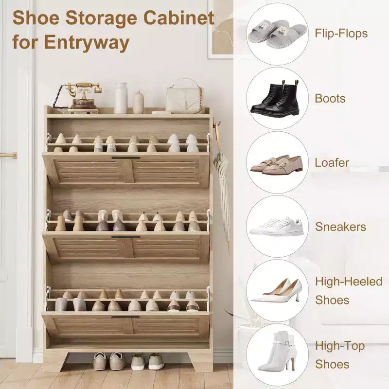 Meuble à chaussures, étagère à chaussures autoportante avec trois tiroirs à abattant et 2 crochets latéraux, meuble à chaussures moderne en bois, convient pour le rangement de chaussures dans l'entrée