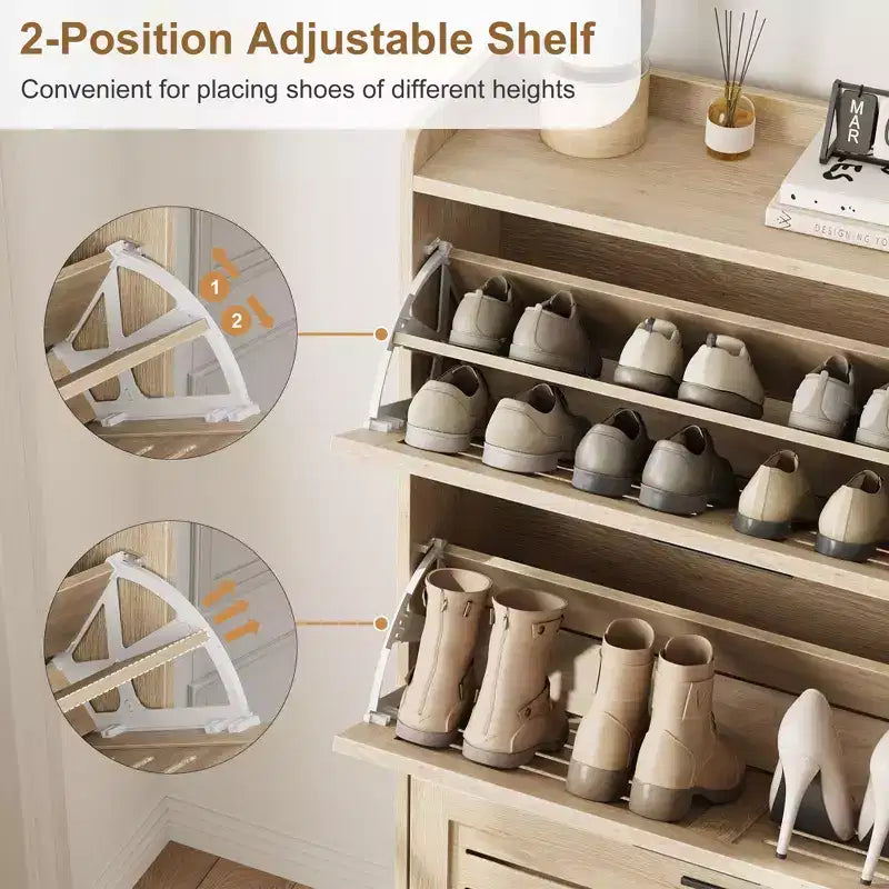 Meuble à chaussures, étagère à chaussures autoportante avec trois tiroirs à abattant et 2 crochets latéraux, meuble à chaussures moderne en bois, convient pour le rangement de chaussures dans l'entrée