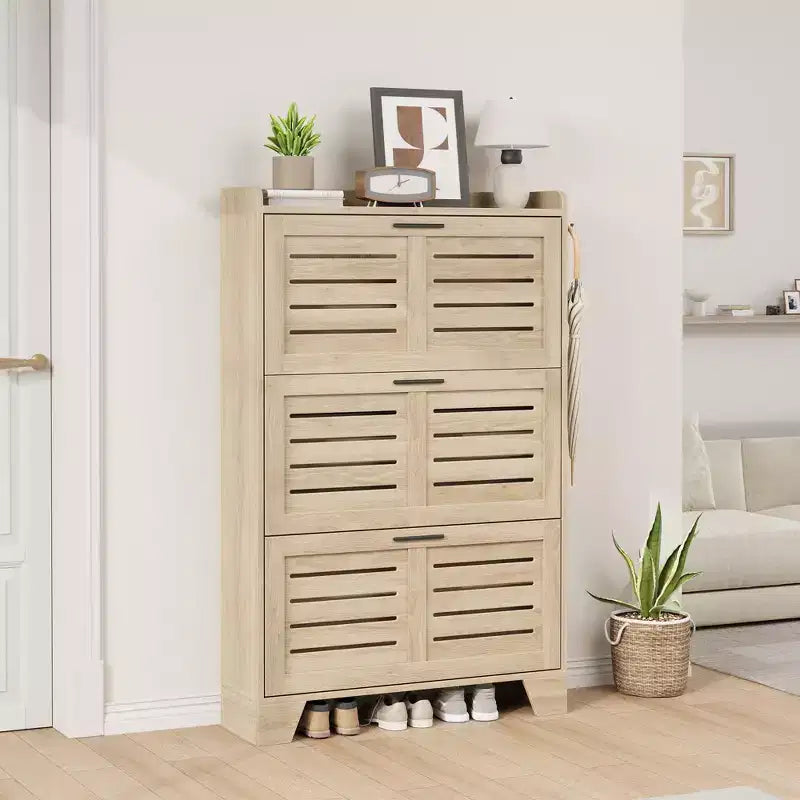Meuble à chaussures, étagère à chaussures autoportante avec trois tiroirs à abattant et 2 crochets latéraux, meuble à chaussures moderne en bois, convient pour le rangement de chaussures dans l'entrée