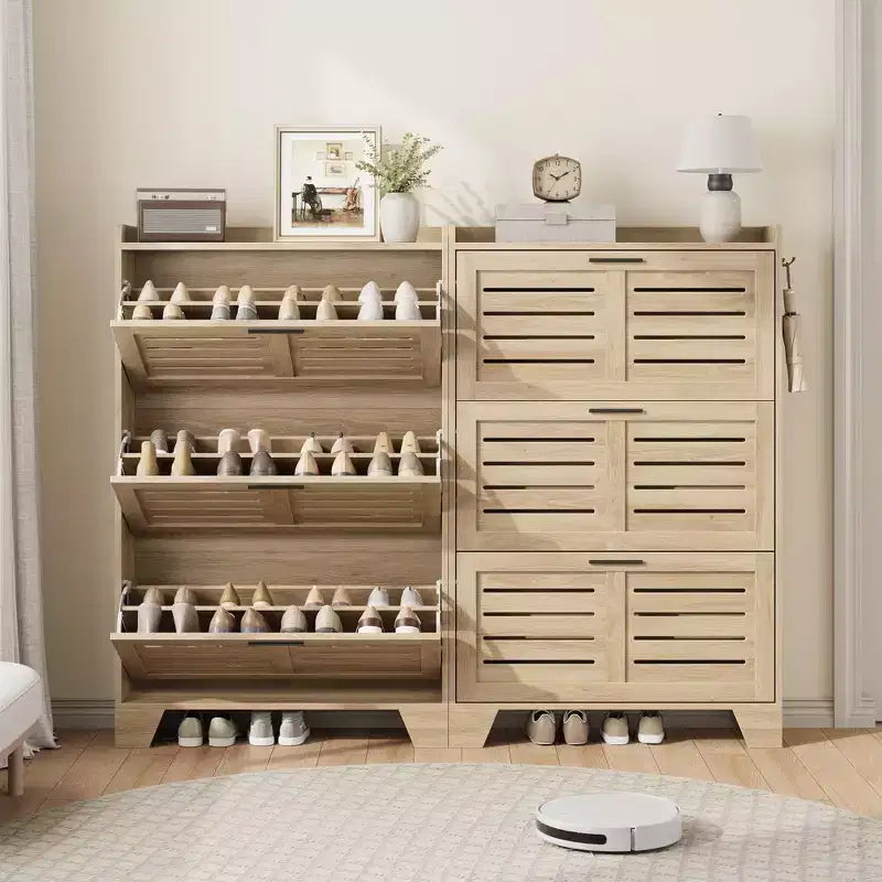 Meuble à chaussures, étagère à chaussures autoportante avec trois tiroirs à abattant et 2 crochets latéraux, meuble à chaussures moderne en bois, convient pour le rangement de chaussures dans l'entrée