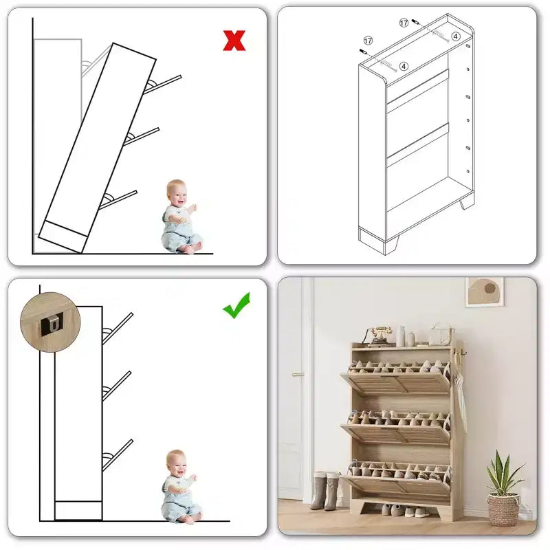 Meuble à chaussures, étagère à chaussures autoportante avec trois tiroirs à abattant et 2 crochets latéraux, meuble à chaussures moderne en bois, convient pour le rangement de chaussures dans l'entrée