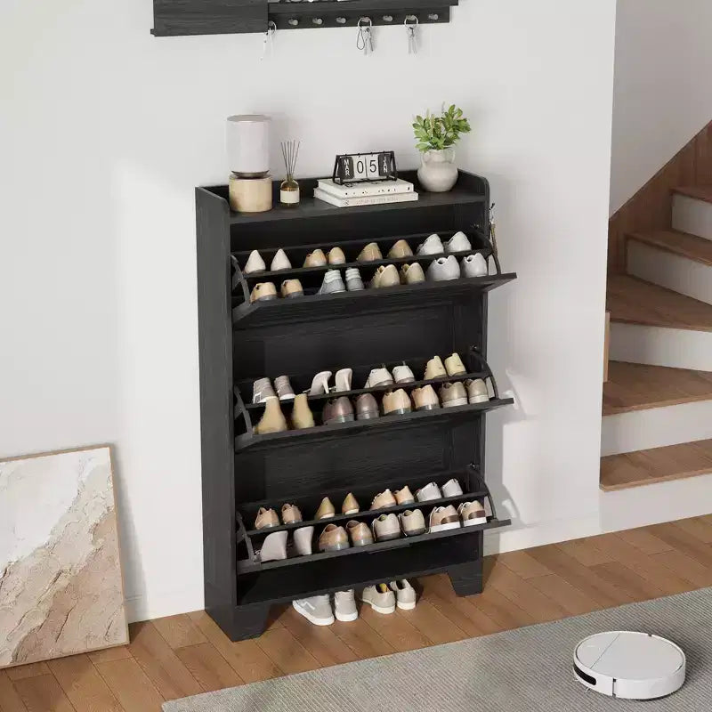 Meuble à chaussures, étagère à chaussures autoportante avec trois tiroirs à abattant et 2 crochets latéraux, meuble à chaussures moderne en bois, convient pour le rangement de chaussures dans l'entrée