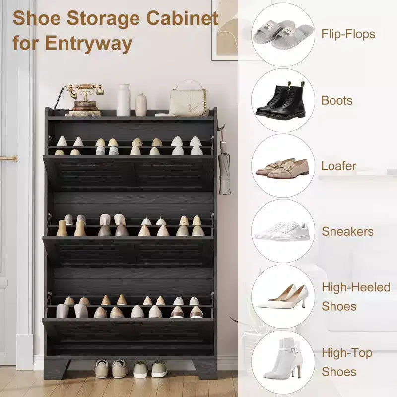 Meuble à chaussures, étagère à chaussures autoportante avec trois tiroirs à abattant et 2 crochets latéraux, meuble à chaussures moderne en bois, convient pour le rangement de chaussures dans l'entrée