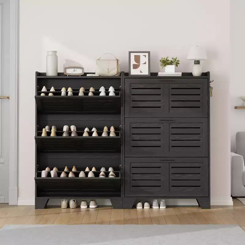 Meuble à chaussures, étagère à chaussures autoportante avec trois tiroirs à abattant et 2 crochets latéraux, meuble à chaussures moderne en bois, convient pour le rangement de chaussures dans l'entrée