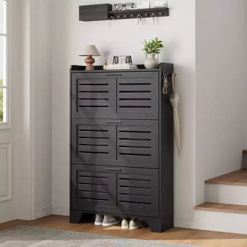 Shoe Cabinet, Freestanding Shoe Rack with Three Flip-Top Drawers and 2 Side Hooks, Modern Wooden Shoe Cabinet, Suitable for Foyer Shoe Storage