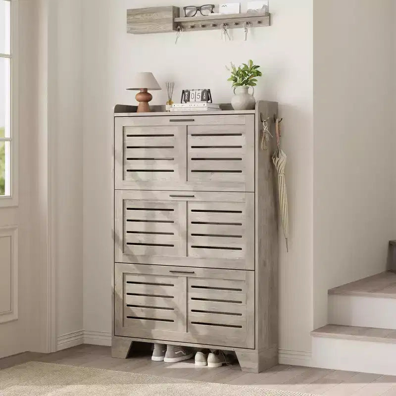Meuble à chaussures, étagère à chaussures autoportante avec trois tiroirs à abattant et 2 crochets latéraux, meuble à chaussures moderne en bois, convient pour le rangement de chaussures dans l'entrée