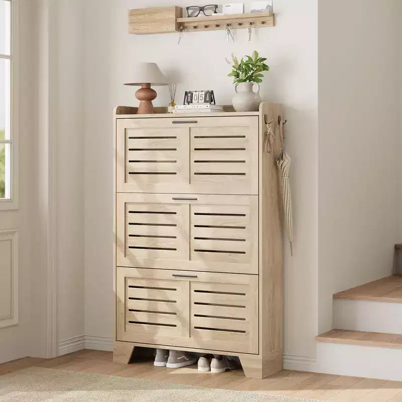 Meuble à chaussures, étagère à chaussures autoportante avec trois tiroirs à abattant et 2 crochets latéraux, meuble à chaussures moderne en bois, convient pour le rangement de chaussures dans l'entrée
