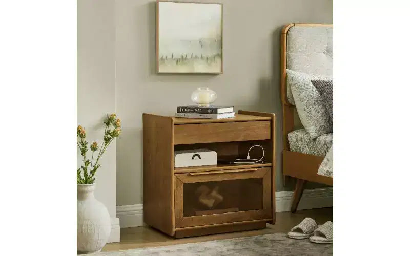 TUYOHW Chevet moderne à 2 tiroirs avec station de charge, table d'appoint à tiroirs en verre, table d'appoint de style rustique avec étagère ouverte, meuble d'appoint pour salon