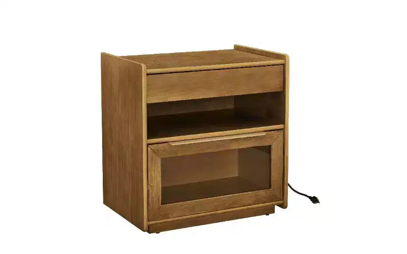 TUYOHW Chevet moderne à 2 tiroirs avec station de charge, table d'appoint à tiroirs en verre, table d'appoint de style rustique avec étagère ouverte, meuble d'appoint pour salon