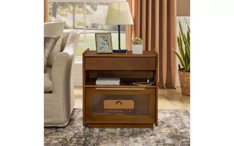 TUYOHW Modern 2-Drawer Nightstand with Charging Station, Glass Drawer Side Table, Farmhouse End Table with Open Shelf, Side Cabinet for Living Room
