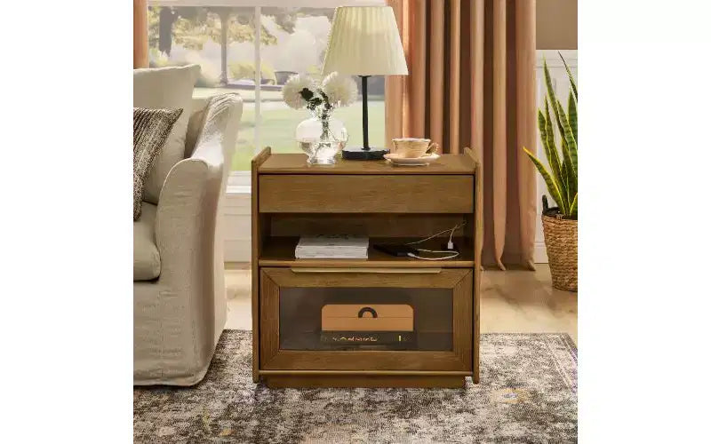 TUYOHW Chevet moderne à 2 tiroirs avec station de charge, table d'appoint à tiroirs en verre, table d'appoint de style rustique avec étagère ouverte, meuble d'appoint pour salon