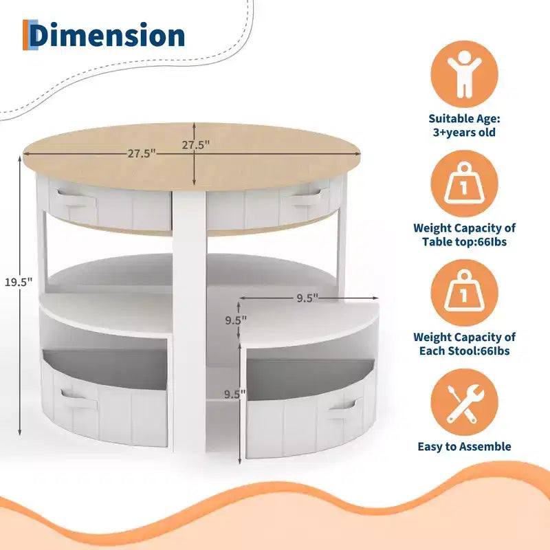 Ensemble table et chaises gigognes en bois 5 pièces pour enfants avec table d'activités ronde, 4 tabourets et tiroirs en tissu pour le jeu, les arts, les travaux manuels, la lecture