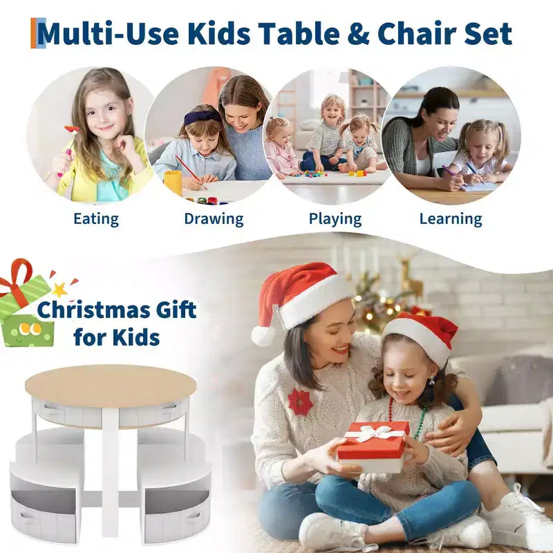 Ensemble table et chaises gigognes en bois 5 pièces pour enfants avec table d'activités ronde, 4 tabourets et tiroirs en tissu pour le jeu, les arts, les travaux manuels, la lecture